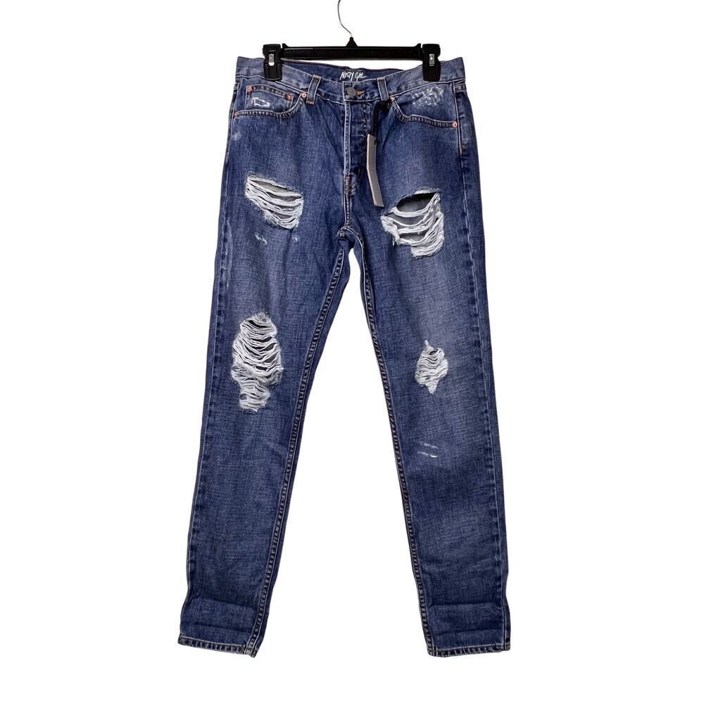 Nasty Gal Blue Button Fly Distressed Ripped Boyfriend Jean Sz 26 Punk Grunge NWT